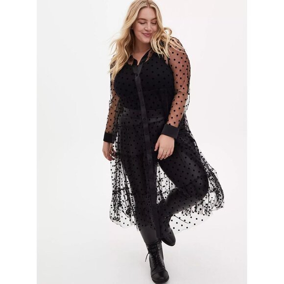 NEW Torrid Black Flocked Mesh Button Front Tiered Duster Kimono cardigan - Picture 1 of 12